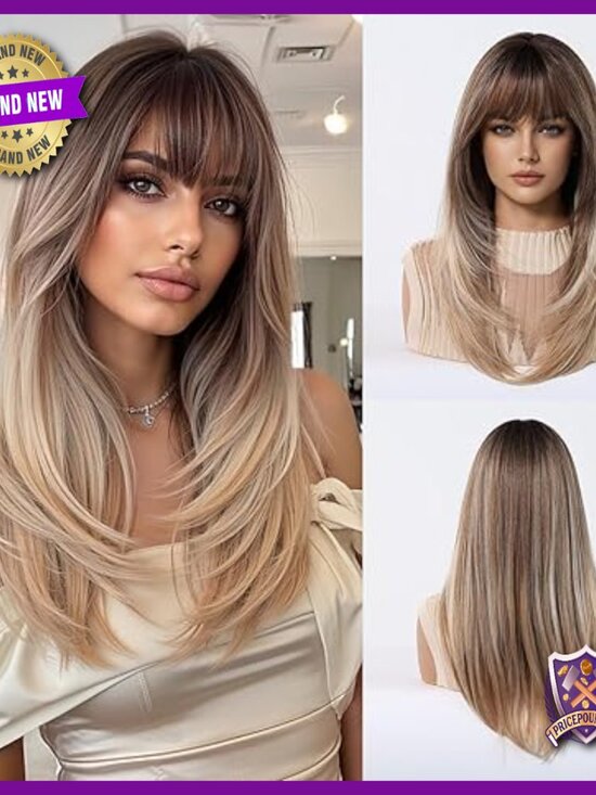Long Straight Human Hair Wig with Curtain Bangs, Glueless, Lightweight main image 6